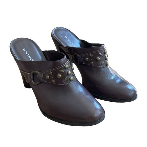 Naturalizer Comfort Embellished Heeled Mule Clogs Brown Leather Strap Heel 7 - Picture 1 of 12